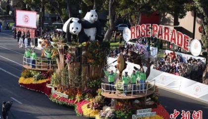 “大熊猫”亮相第136届玫瑰花车游行