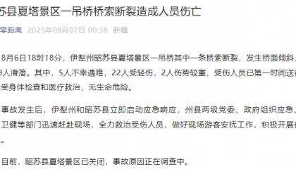 新疆伊犁州昭苏县通报：夏塔景区一吊桥桥索断裂，5人不幸遇难