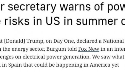 美内政部长警告：美国夏天可能面临大规模停电