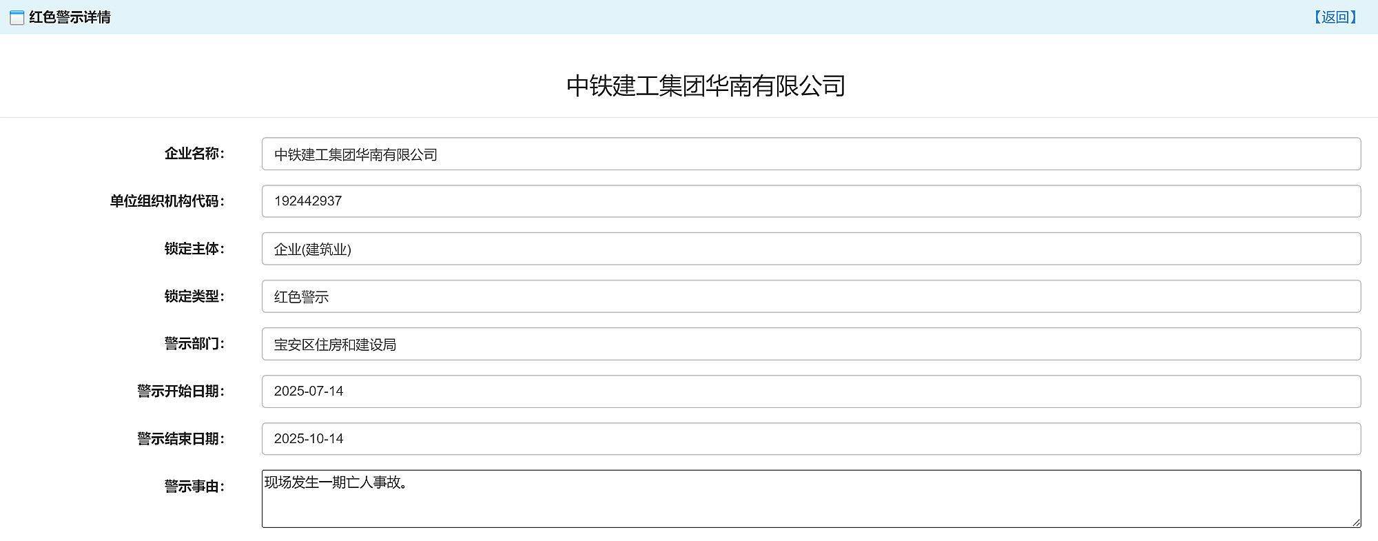 现场发生亡人事故,中铁建工集团华南有限公司被红色警示3个月